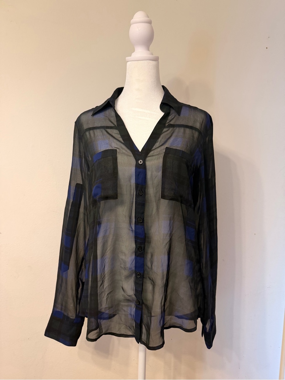 Express Black Sheer Button-Up Shirt with Blue Plaid Accents